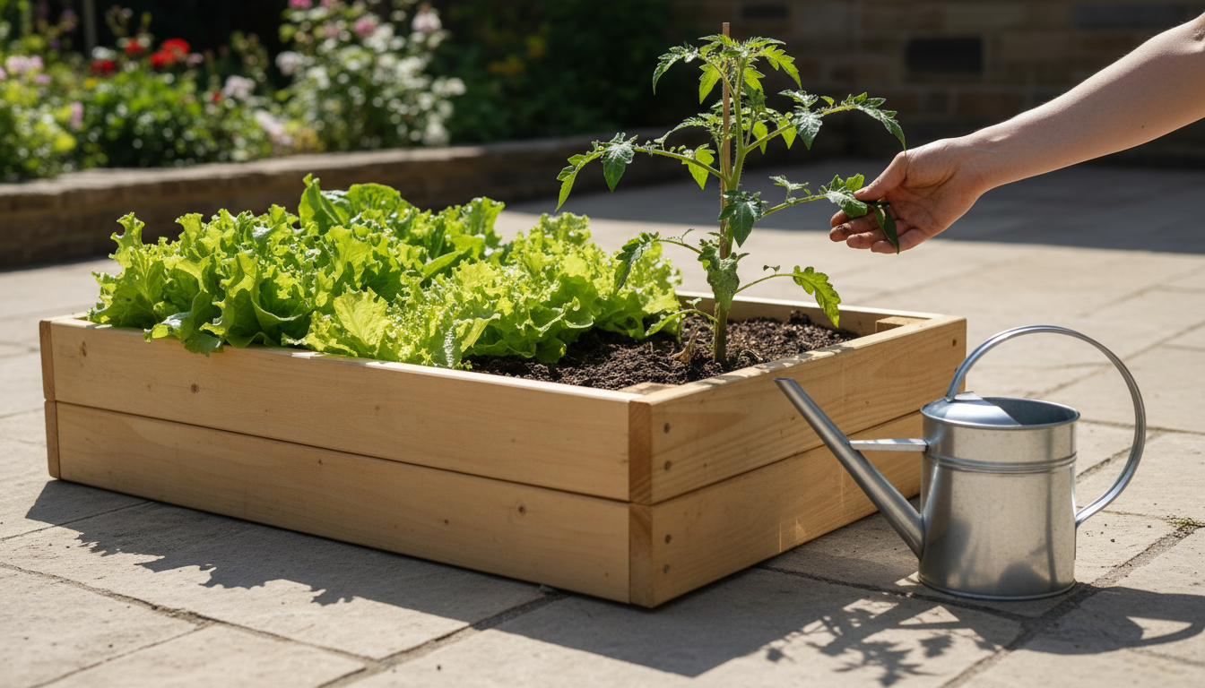 Close-up of gloved hands struggling to break up dense, clumpy garden soil with a trowel in a small raised bed on a patio.
