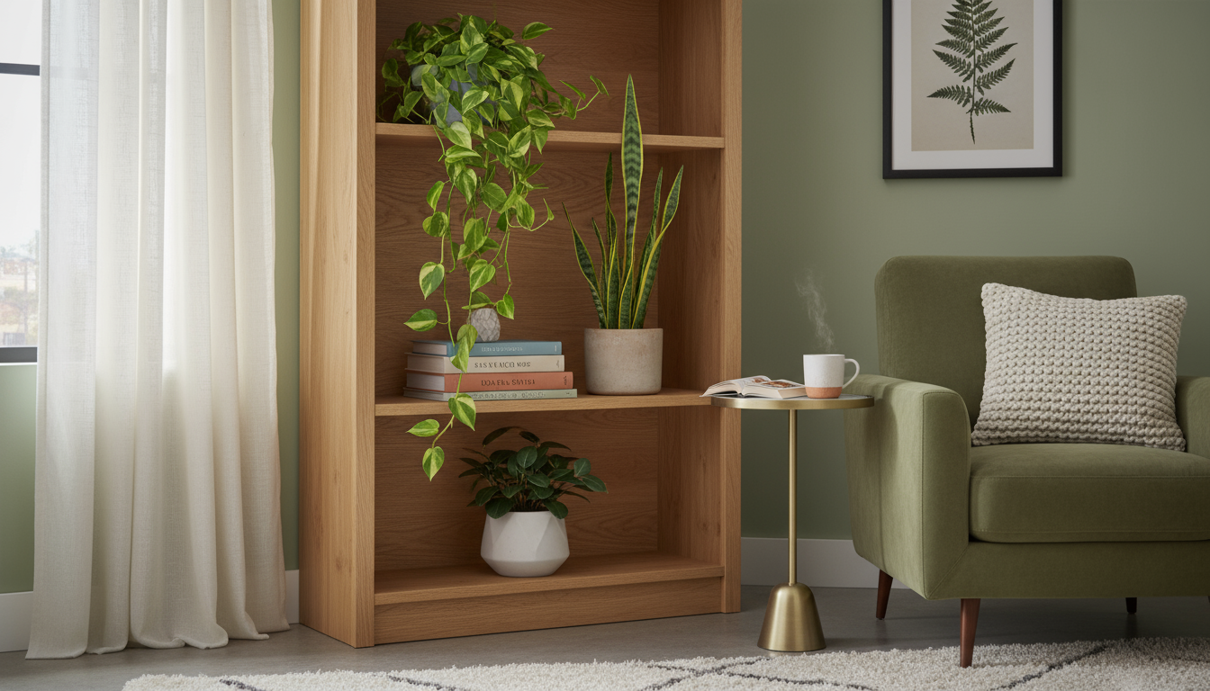 Close-up of diverse air-purifying plants grouped on a windowsill, with one pot on a pebble tray, boosting humidity.
