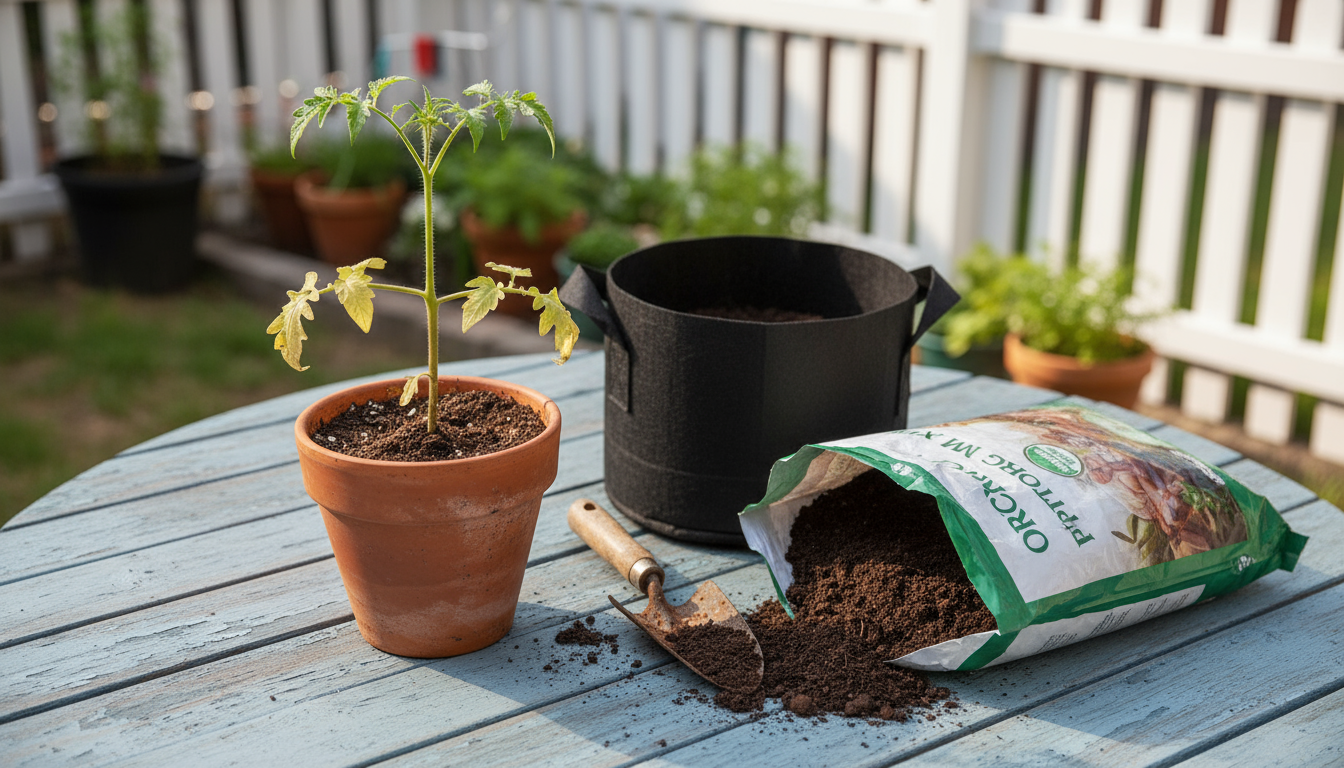 Close-up of a hand performing the finger test on basil in a terracotta pot, soil pulling from edges, indicating moisture check.