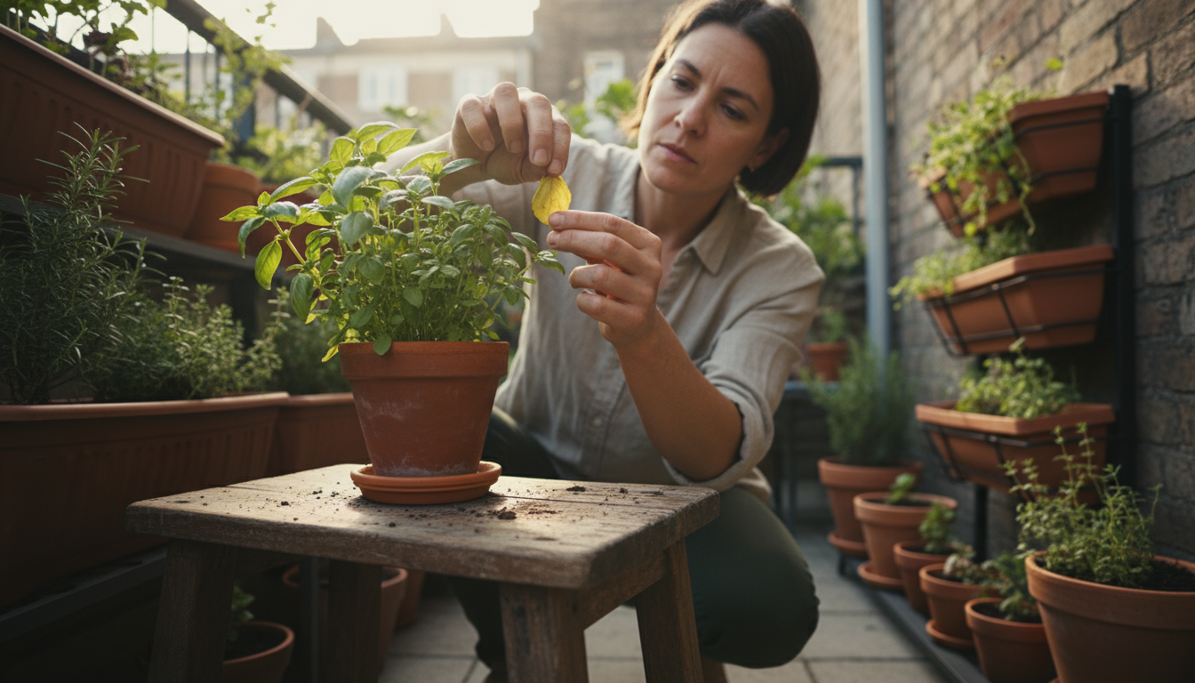 A person's index finger tests the dry, crumbly soil of a Pothos plant in a terracotta pot on a wooden table, under soft natural light.