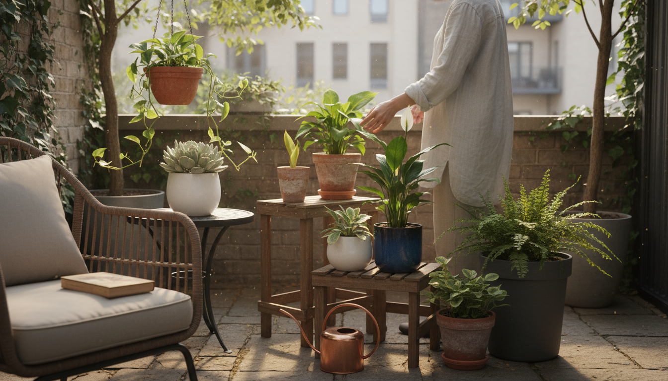Hands watering a vibrant green Pothos plant in a terracotta pot on a wooden surface, with water saturating the soil and dripping into the saucer.