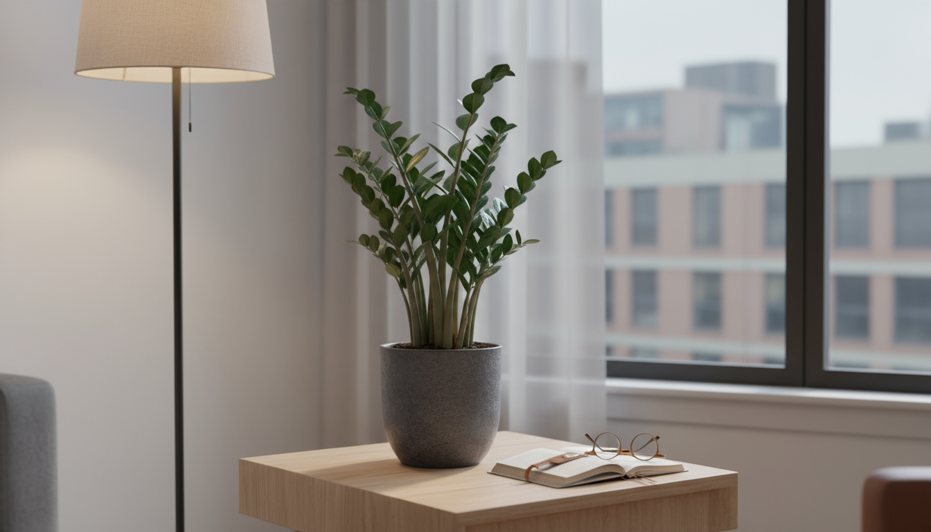 Natural hands mixing dark coir, white perlite, and grey pumice in a terracotta saucer on a wooden balcony table with a trowel.
