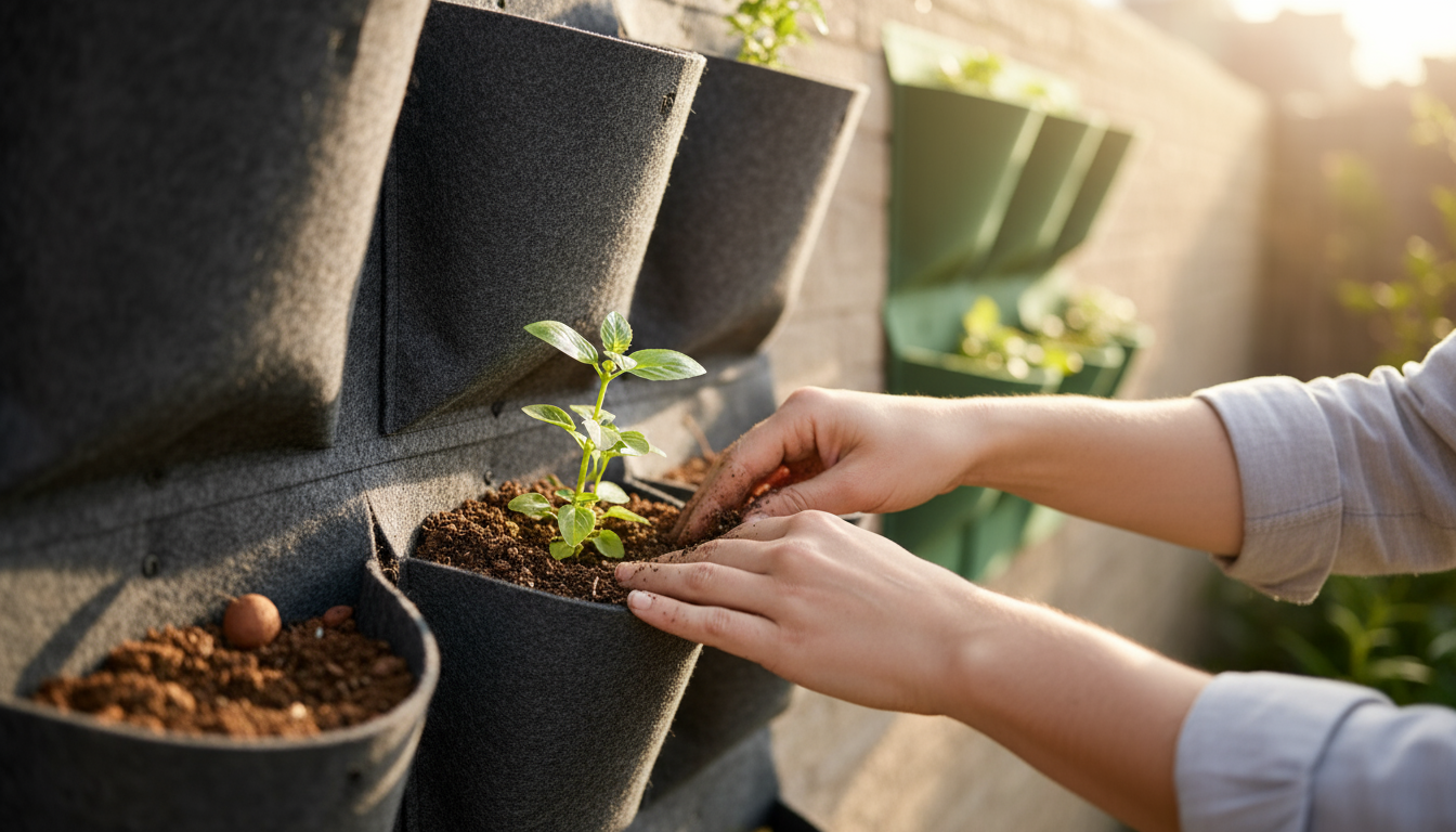 Close-up of hands inserting a shoelace wick into a plastic soda bottle planter, part of a DIY vertical garden on a sunny apartment windowsill.