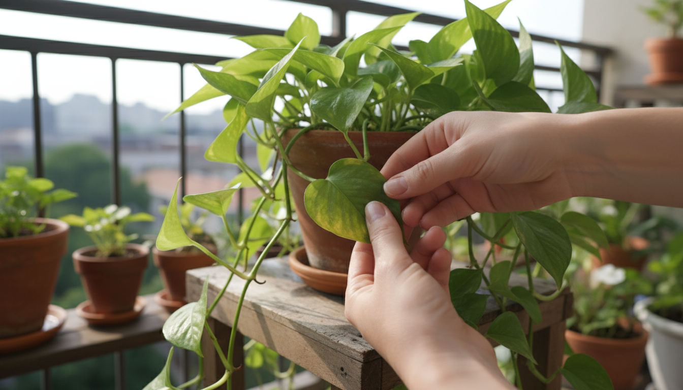 A person's hand uses the 'finger test' by inserting a finger into the soil of a potted ZZ plant on a bright balcony, checking moisture levels.