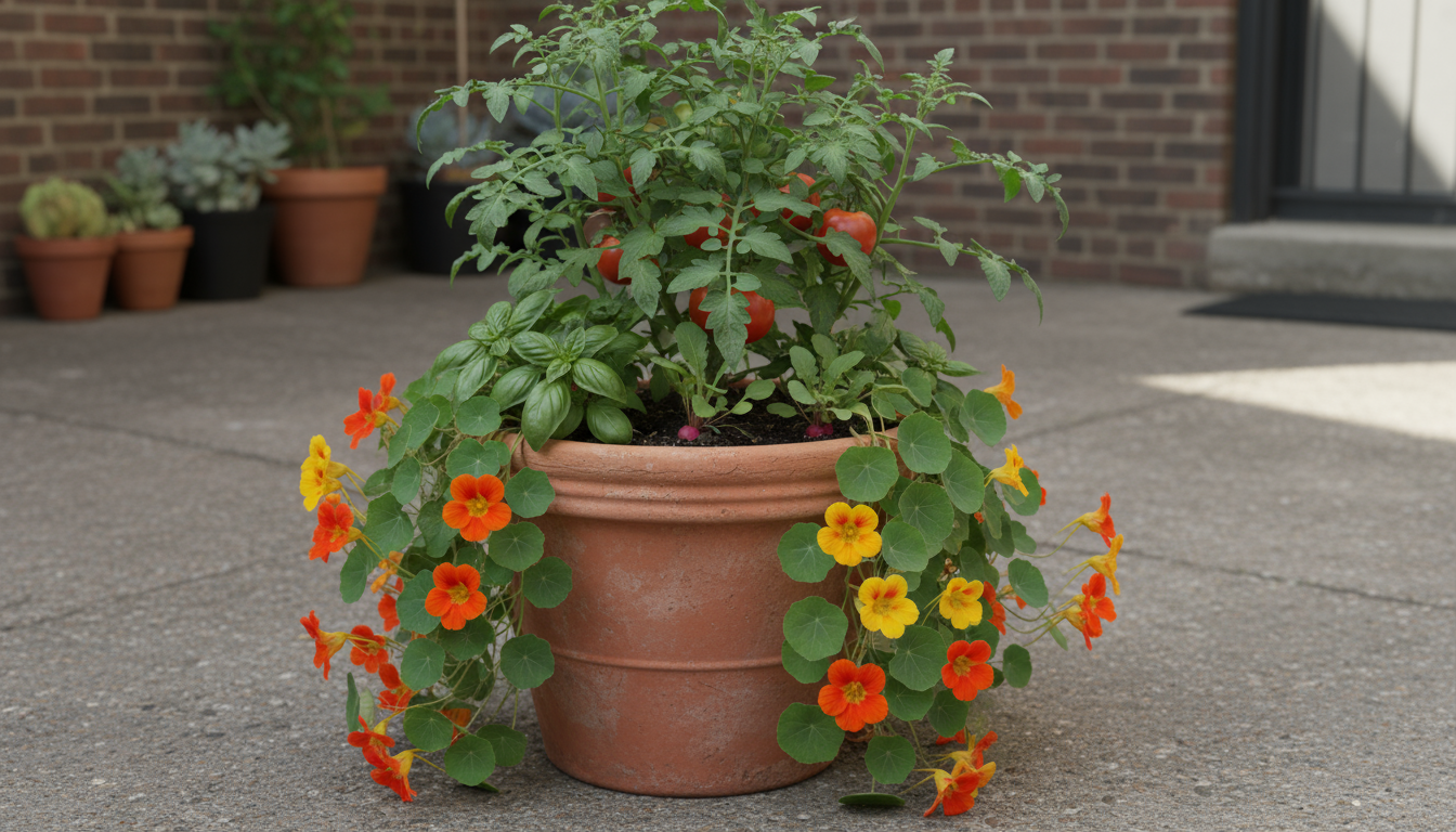Close-up of hands mixing dark, moist, peat-free potting mix into a terracotta pot on a patio, emphasizing healthy soil.