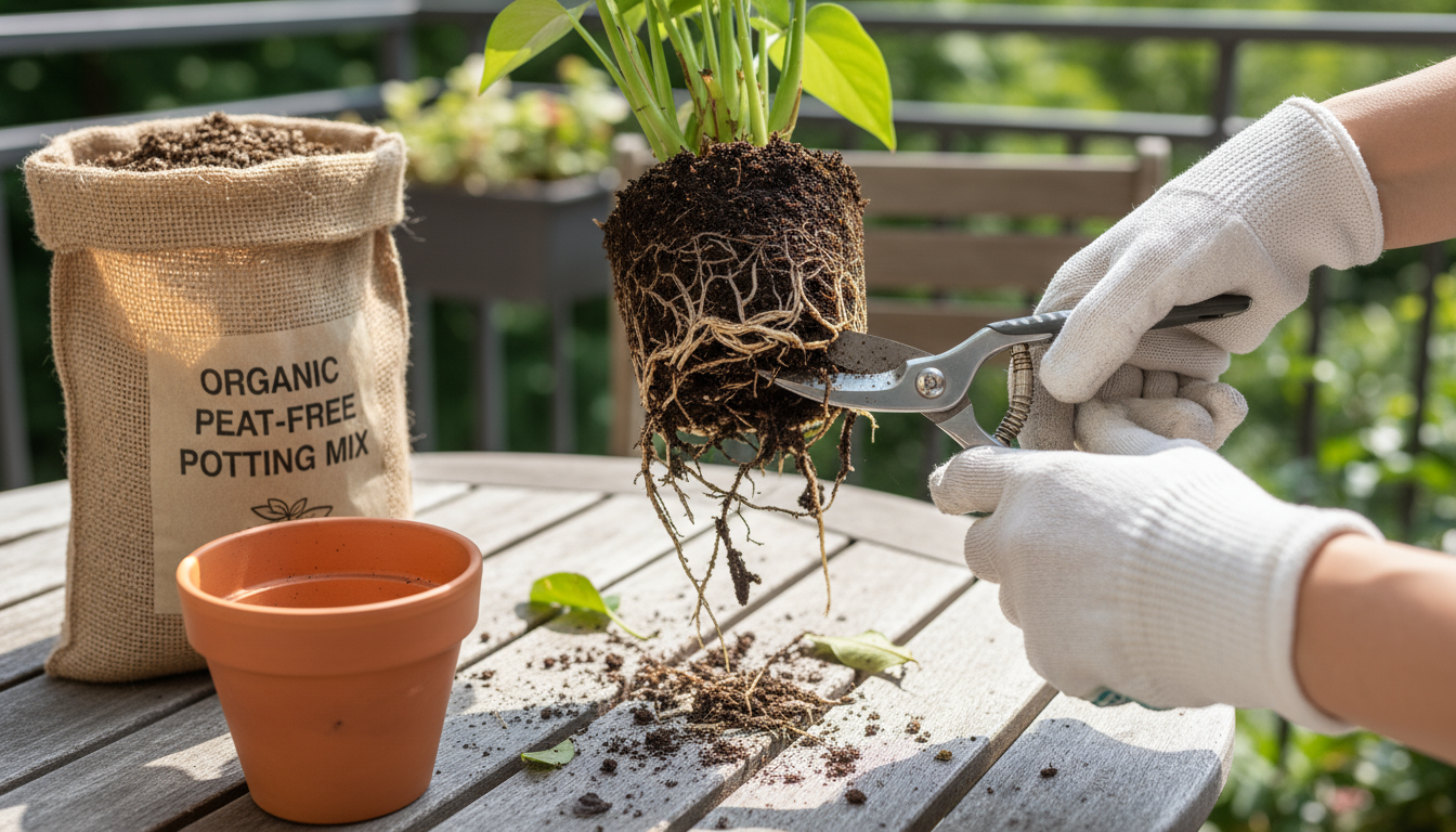 Close-up overhead shot of hands gently touching a soft, yellowing leaf on a potted houseplant on a small balcony.
