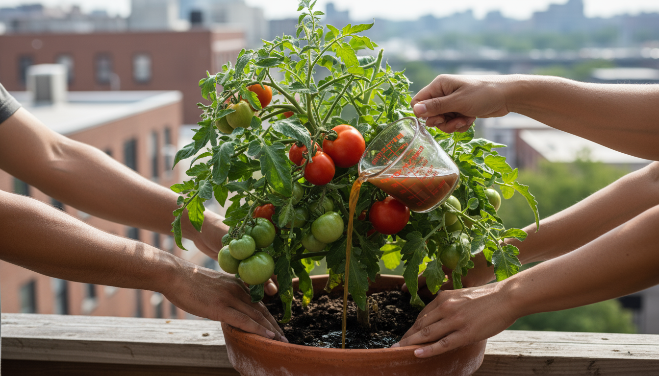 Gardener's gloved hands using a cordless drill to create drainage holes in the base of a modern gray planter pot on a wooden balcony.