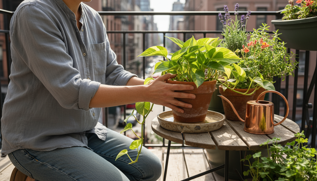 A person's finger performing a soil moisture test in a terracotta pot on a balcony, surrounded by diverse small-space plants.