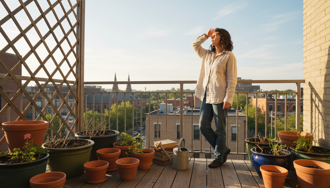 Hands in light gloves scooping fluffy potting mix into a terracotta pot, with a pile of dense garden soil nearby on a patio table.