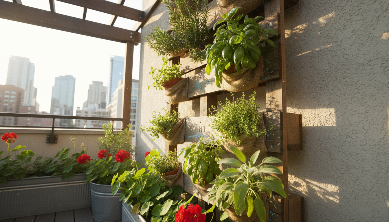 Close-up of small magnetic planters with fresh herbs like basil and chives on a brushed stainless steel refrigerator, a hand gently adjusting one.