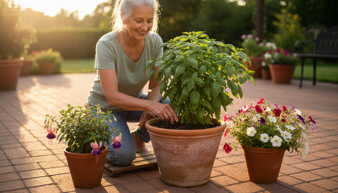 A close-up of a senior's hand gently touching purple petunias, with vibrant orange marigolds and red Sunpatiens blooming in various containers on a su