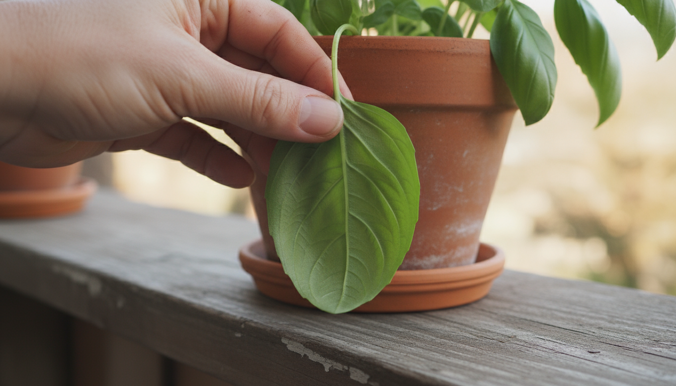 Close-up of a small wooden balcony table. A terracotta pot with lavender has dry soil; a dark gray plastic pot with mint has moist soil. An aged water