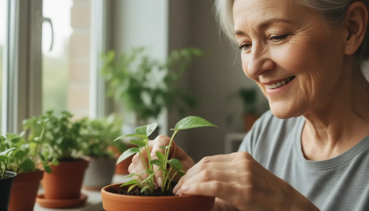 Close-up of a smiling senior person's face, light skin, tending to a houseplant indoors with soft window light. Green foliage blurred.