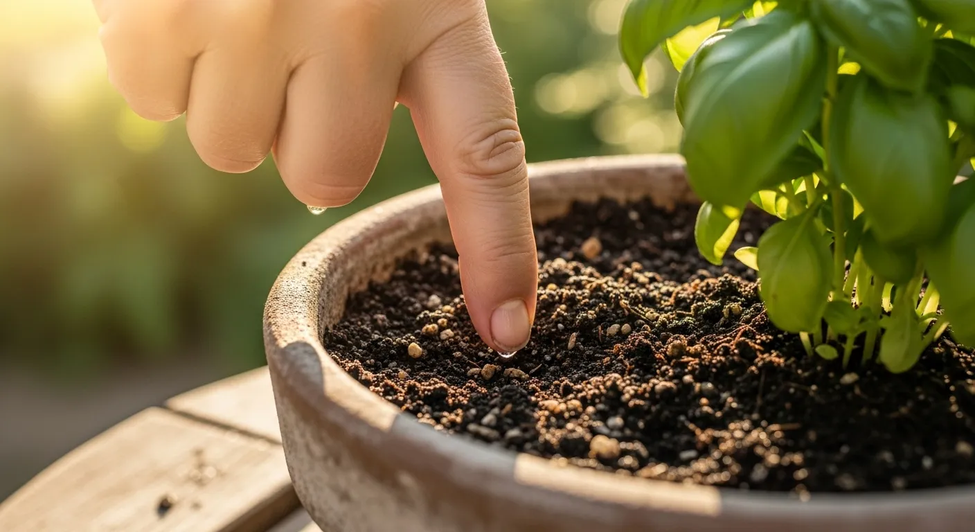 A close-up shows a senior's hand inserting a finger into potting mix in a container, checking for moisture, with a basil plant partially visible.