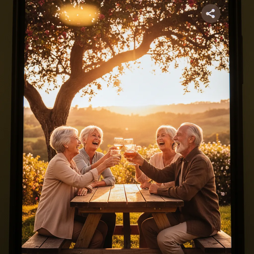 A close up of a smartphone screen showing older friends toasting, bathed in golden hour light, with subtle UI elements blurred.