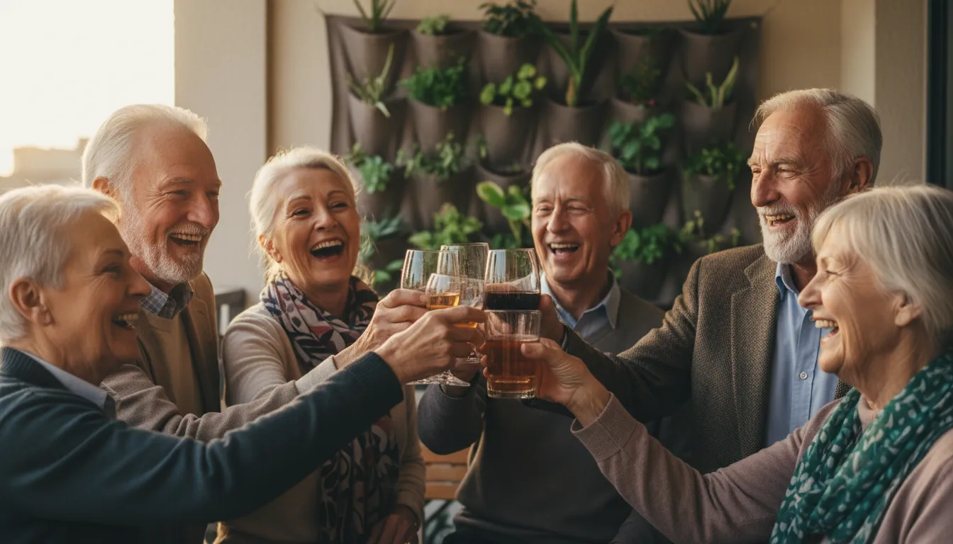 Close-up of older friends toasting on a balcony, faces beaming with happiness, with a blurred vertical fabric planter in the background during golden 
