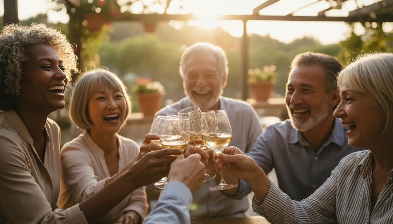 Close-up of older friends toasting with glasses, laughing outdoors at golden hour, expressing joy and connection.
