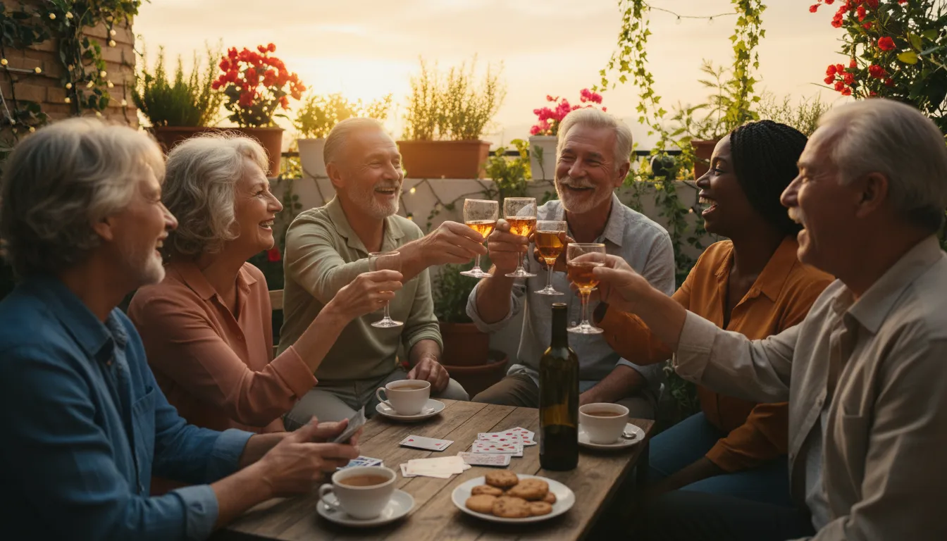 A close-up of older friends socializing on a balcony patio at golden hour, playing cards, raising glasses, sharing laughter and connection.