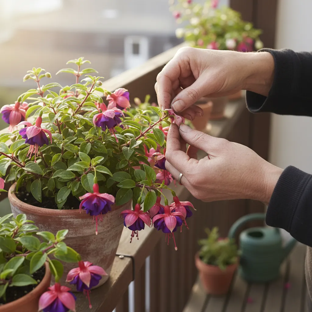 A close-up view of hands carefully pinching off a faded flower from a potted plant on a balcony, surrounded by other thriving containers.