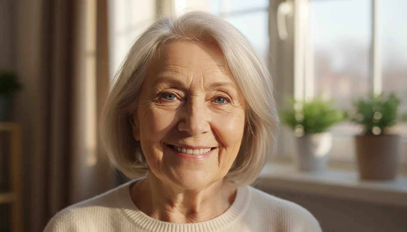 A close-up of a smiling senior woman's healthy face, looking happy and contented. Soft natural light from indoors highlights her expression.