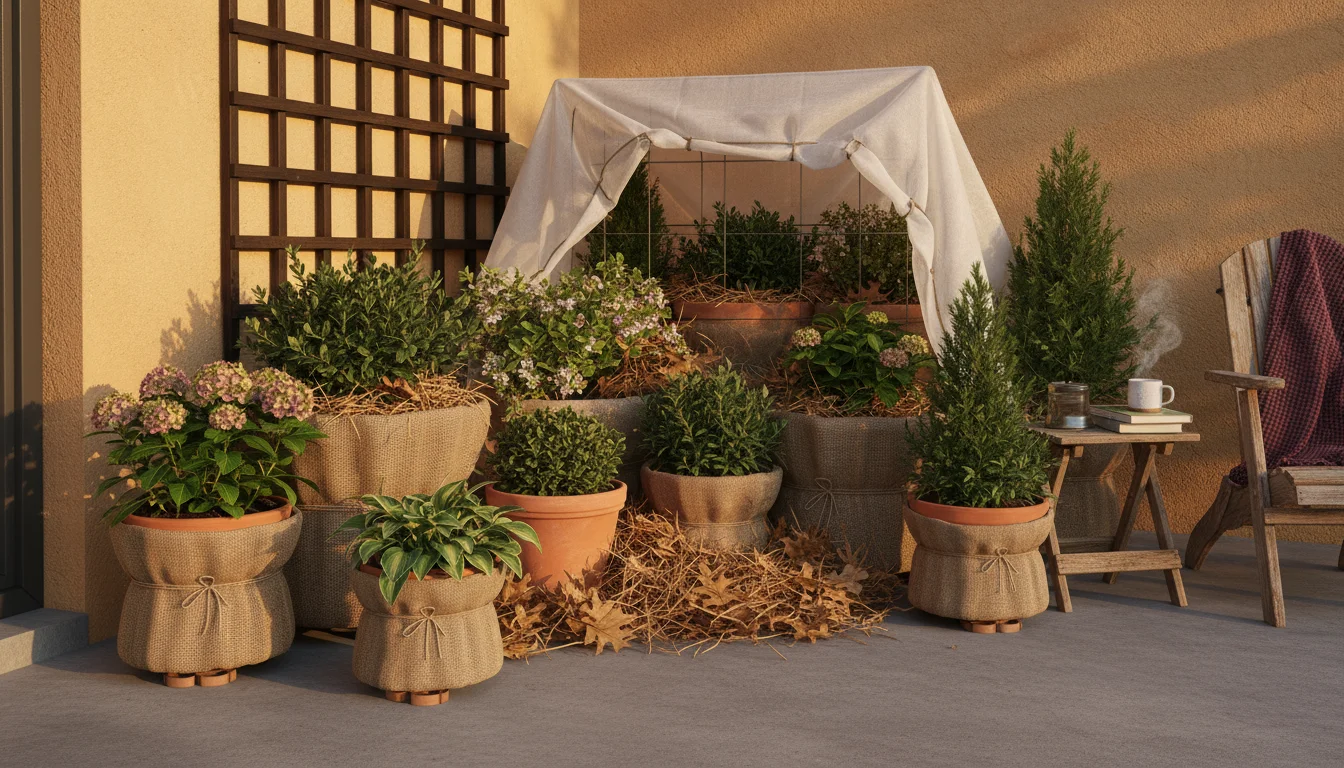 A cluster of burlap-wrapped container plants, insulated with dried leaves and straw, huddled against a house wall on a patio for winter protection.