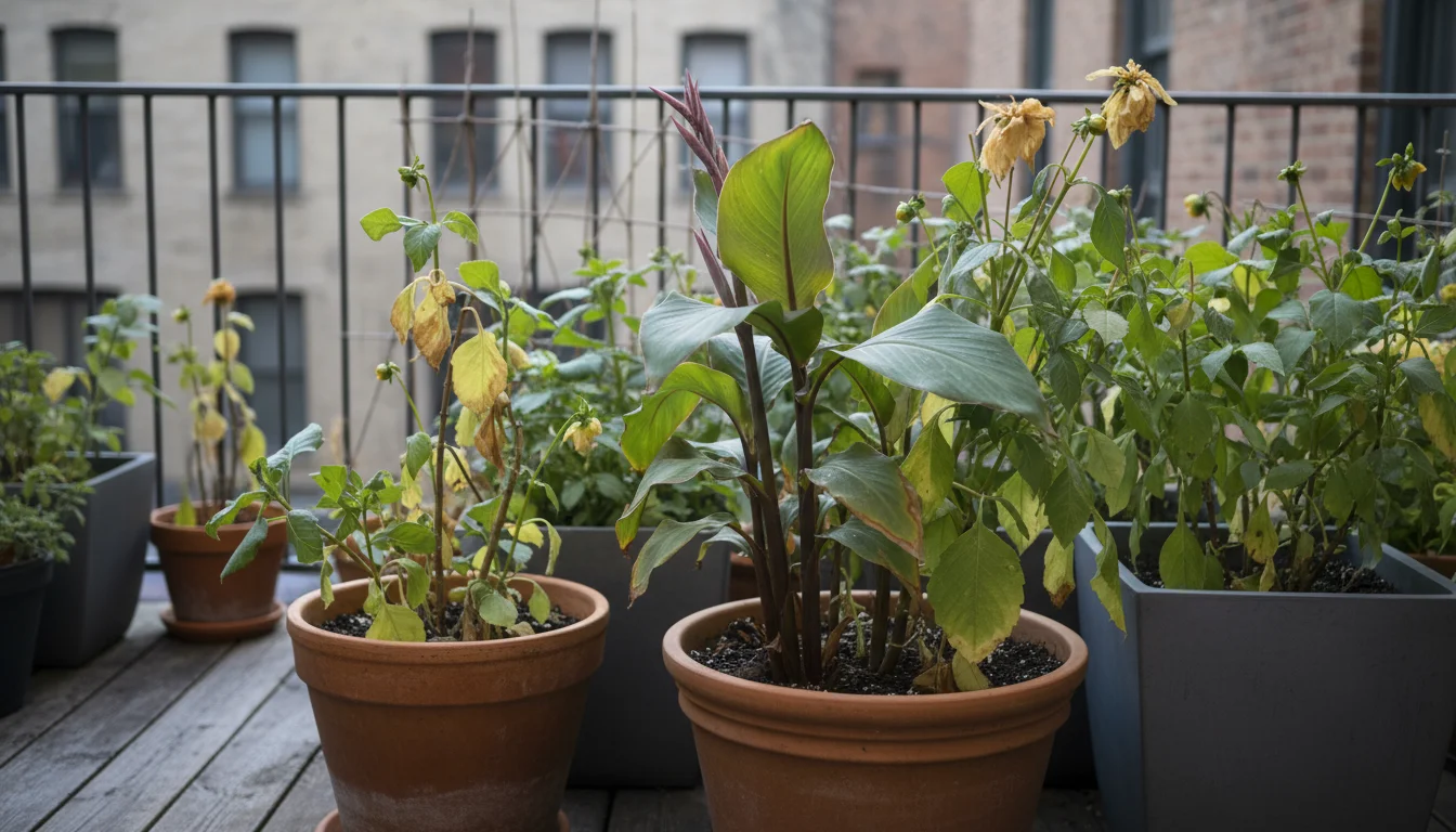 Cluster of container dahlias, cannas, and caladiums on an urban patio, foliage browning from light frost, signaling dormancy.