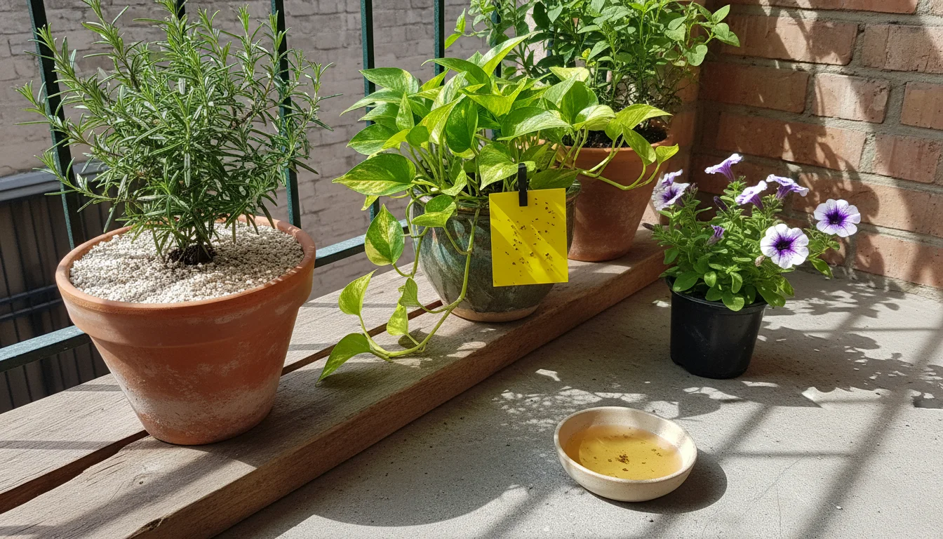 A cluster of container plants on a balcony, featuring a rosemary with horticultural sand, a Pothos with a yellow sticky trap, and a petunia next to an