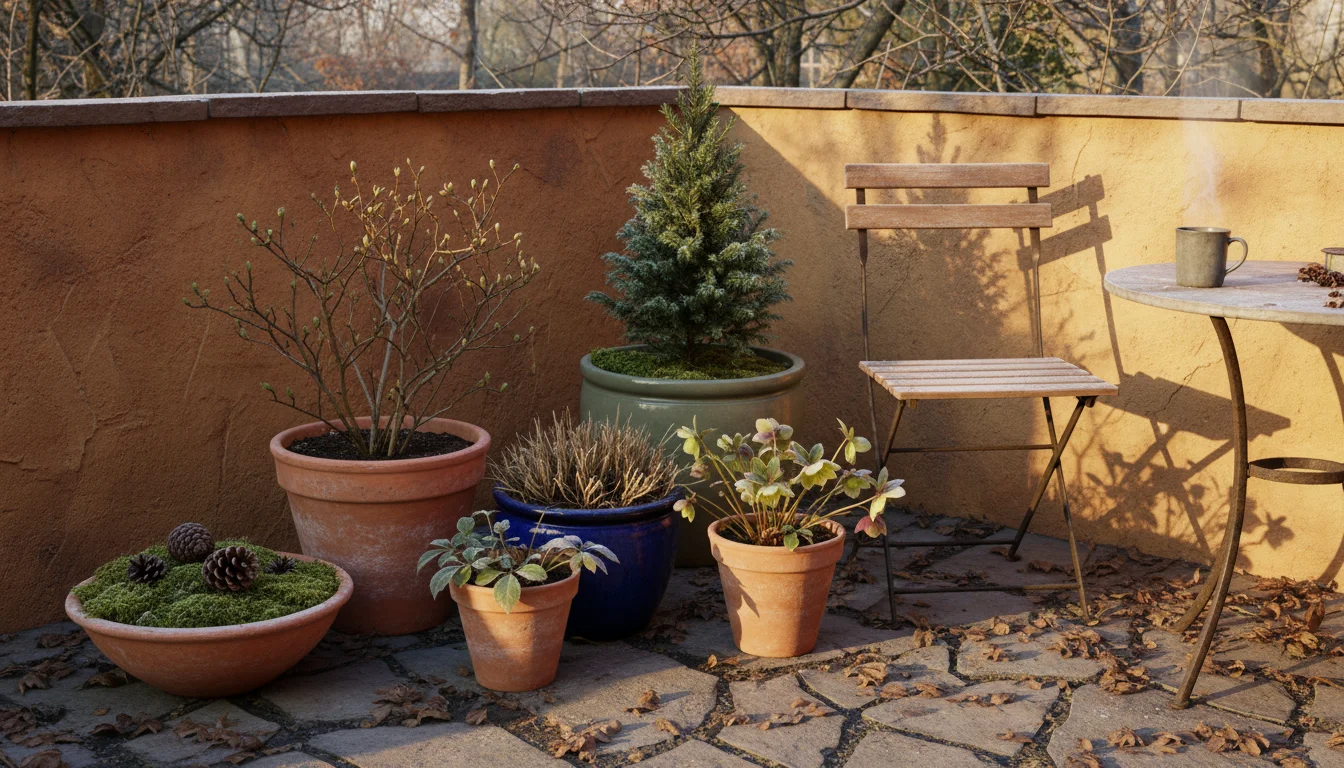 A cluster of diverse dormant container plants, including bare shrubs and evergreens, nestled against a textured wall on a patio.