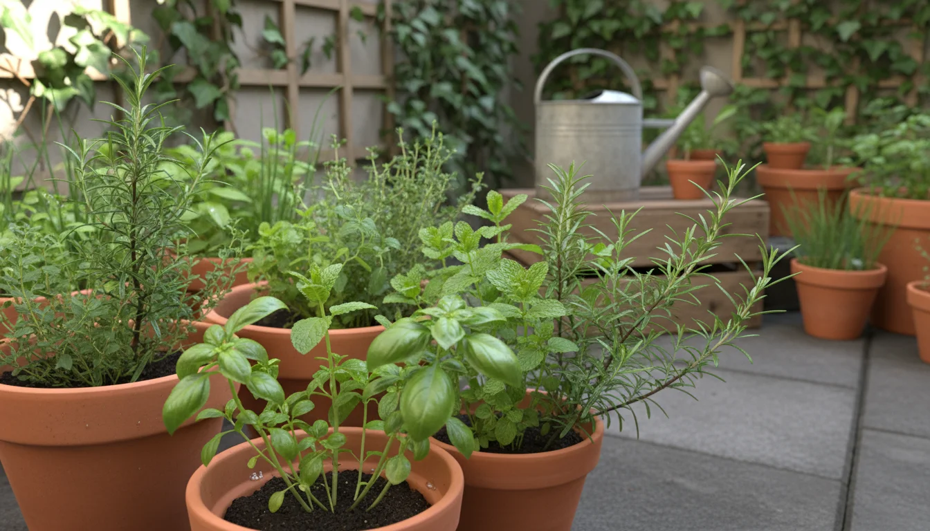 A cluster of diverse potted herbs on an urban patio. Basil and mint are bushy with new growth, rosemary shows new shoots. A watering can is in the bac