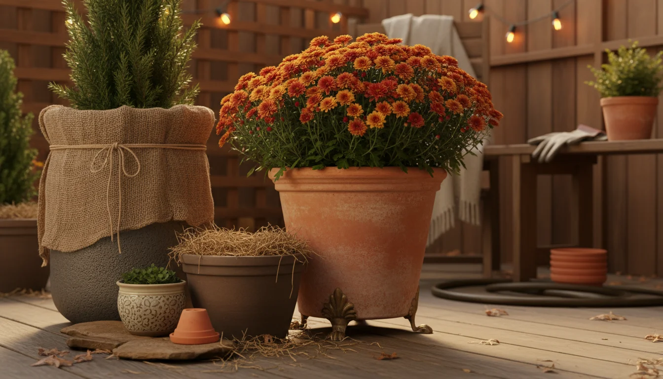 Cluster of fall container plants on a patio, showing proactive insulation: pots elevated on feet, one wrapped in burlap, another double-potted.