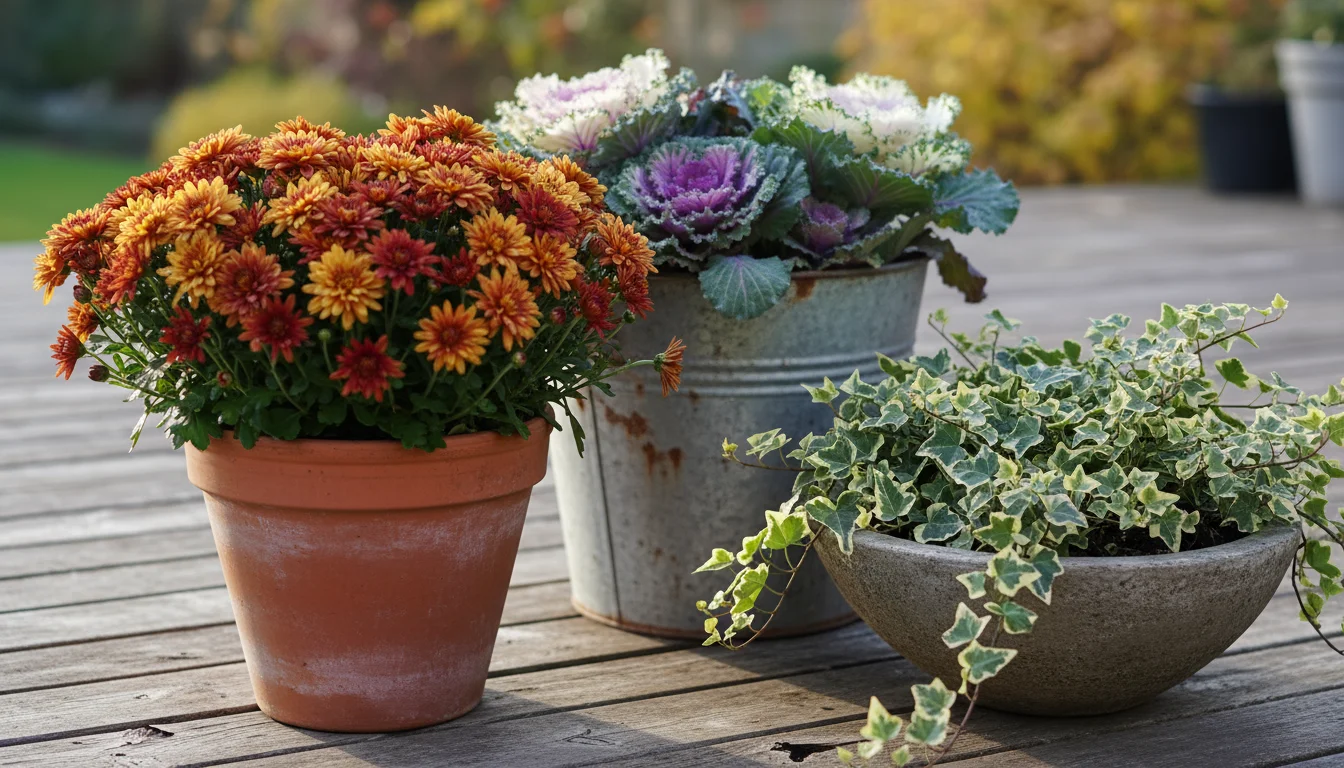 A cluster of fall container plants: red mums in terracotta, purple kale in galvanized bucket, ivy in stone pot, on a wooden deck.