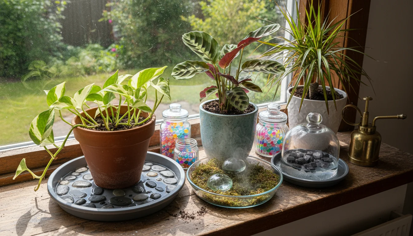 Cluster of houseplants on a wooden windowsill, one sitting on a pebble tray, with a brass plant mister nearby.