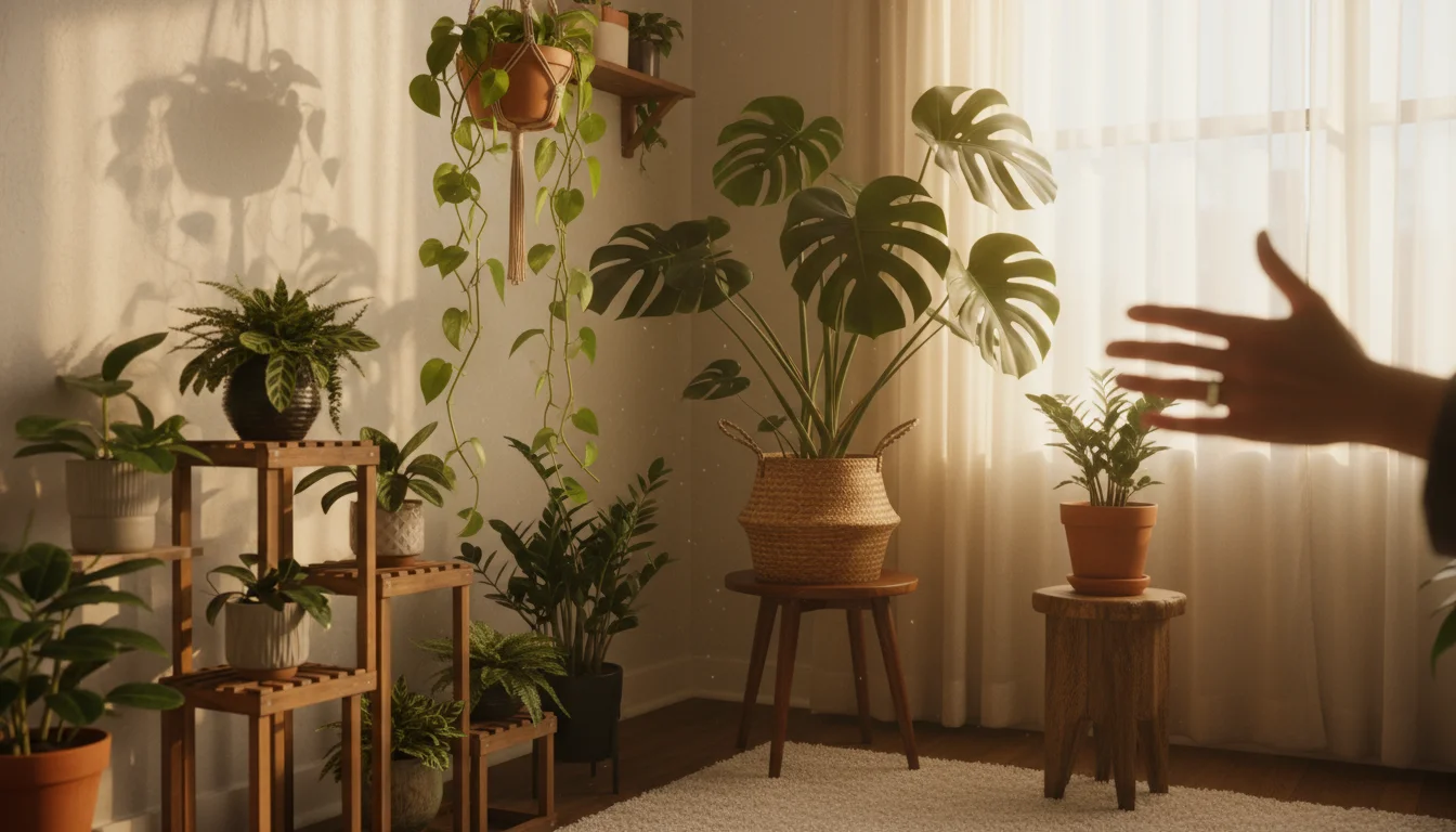 A cluster of lush houseplants, including a Monstera and Pothos, in pots in a bright apartment corner, with a hand casting a soft, blurry shadow on the