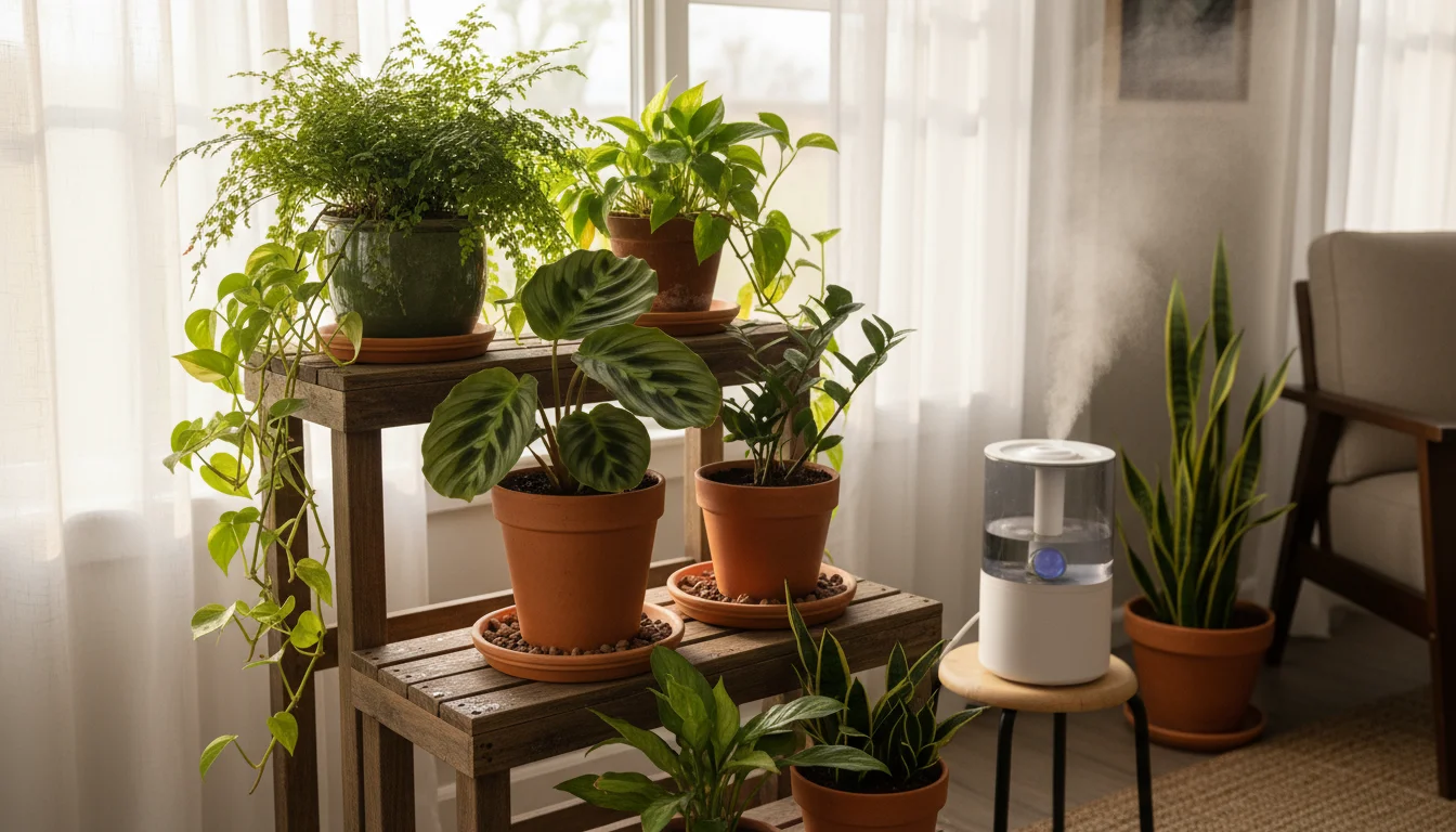 A cluster of lush indoor foliage plants on a wooden stand, with some pots on pebble trays and a humidifier misting nearby.