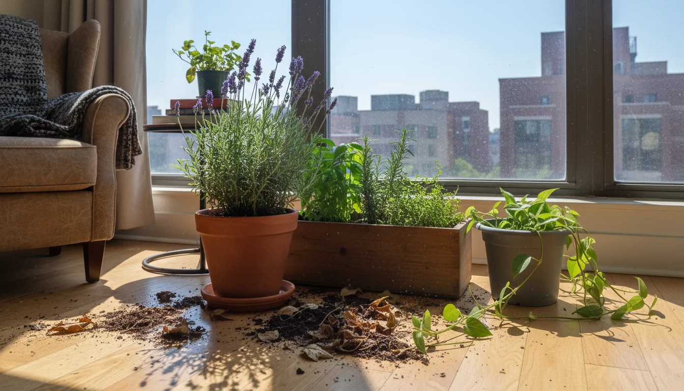 A cluster of outdoor potted plants, including lavender and herbs, haphazardly placed on an indoor floor with spilled soil and leaves.