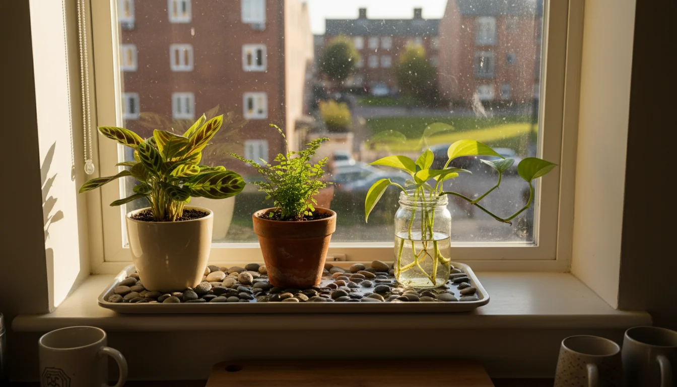 A cluster of small houseplants on a pebble tray on a kitchen windowsill, showing visible water.