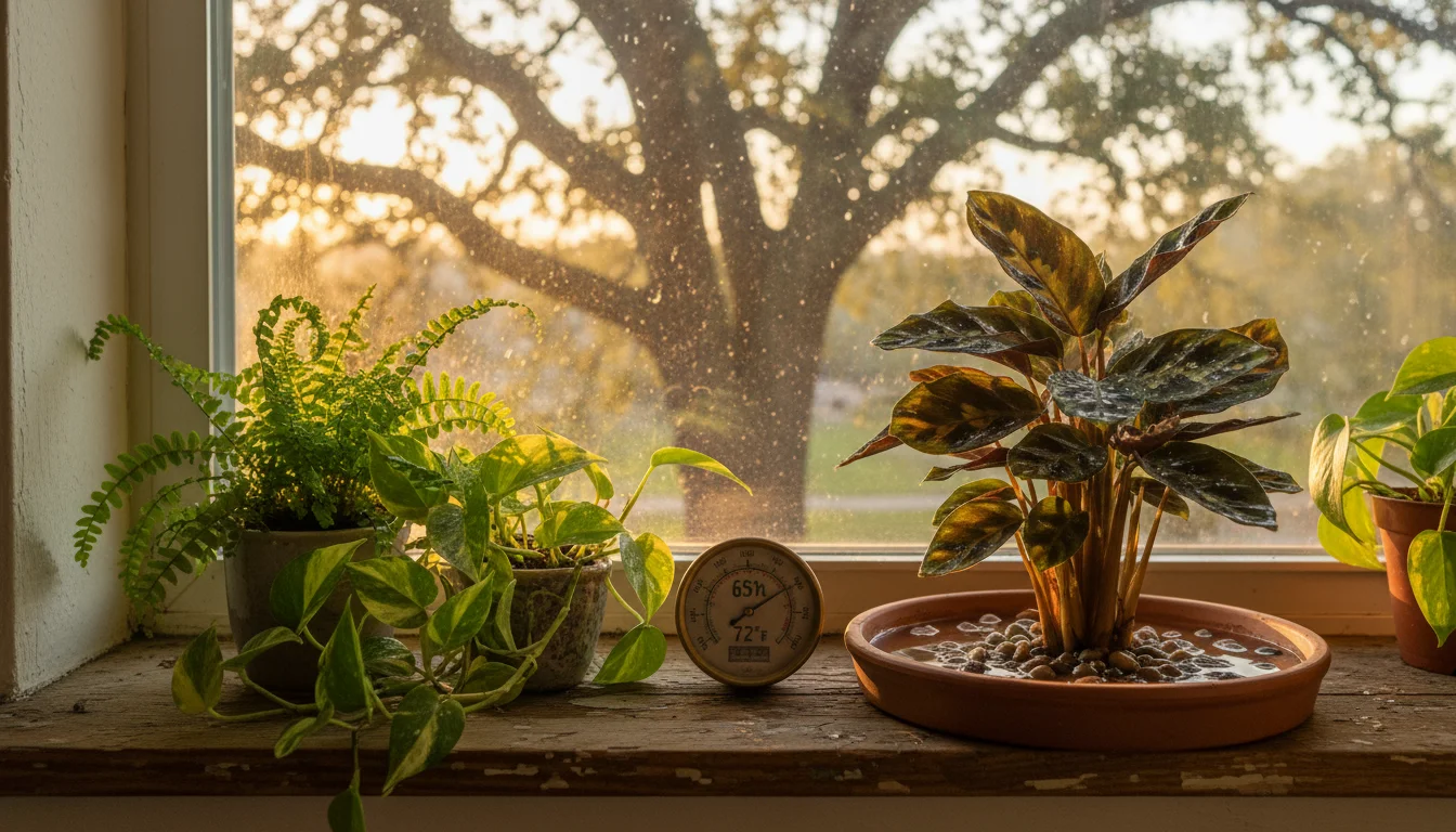 A cluster of small houseplants on a wooden windowsill. A Calathea sits on a pebble tray, next to a fern and Pothos, with a brass mister.
