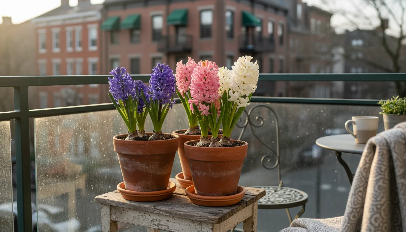 Cluster of three blooming prepared hyacinths – blue, pink, and white – in terracotta pots on a small wooden table on an urban balcony.