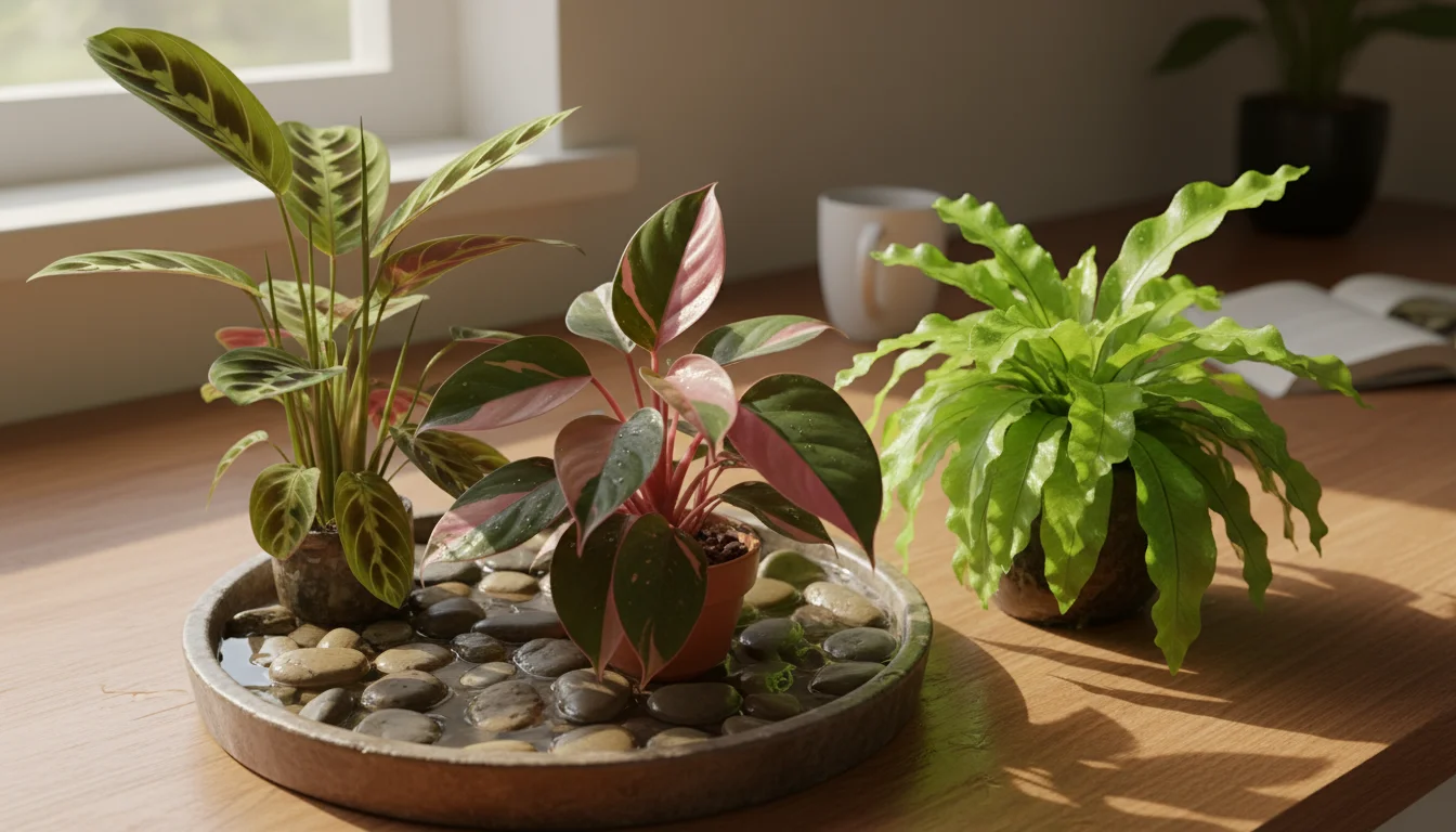 Cluster of three thriving houseplants on a kitchen counter, one on a pebble tray, demonstrating practical humidity solutions.