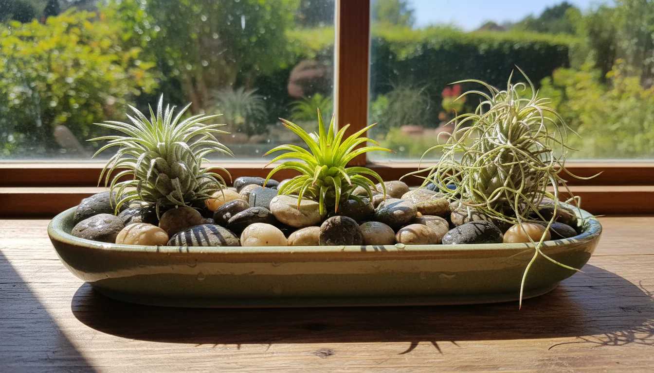 A cluster of various air plants and a button fern on a damp pebble tray on a wooden windowsill, illuminated by natural light.