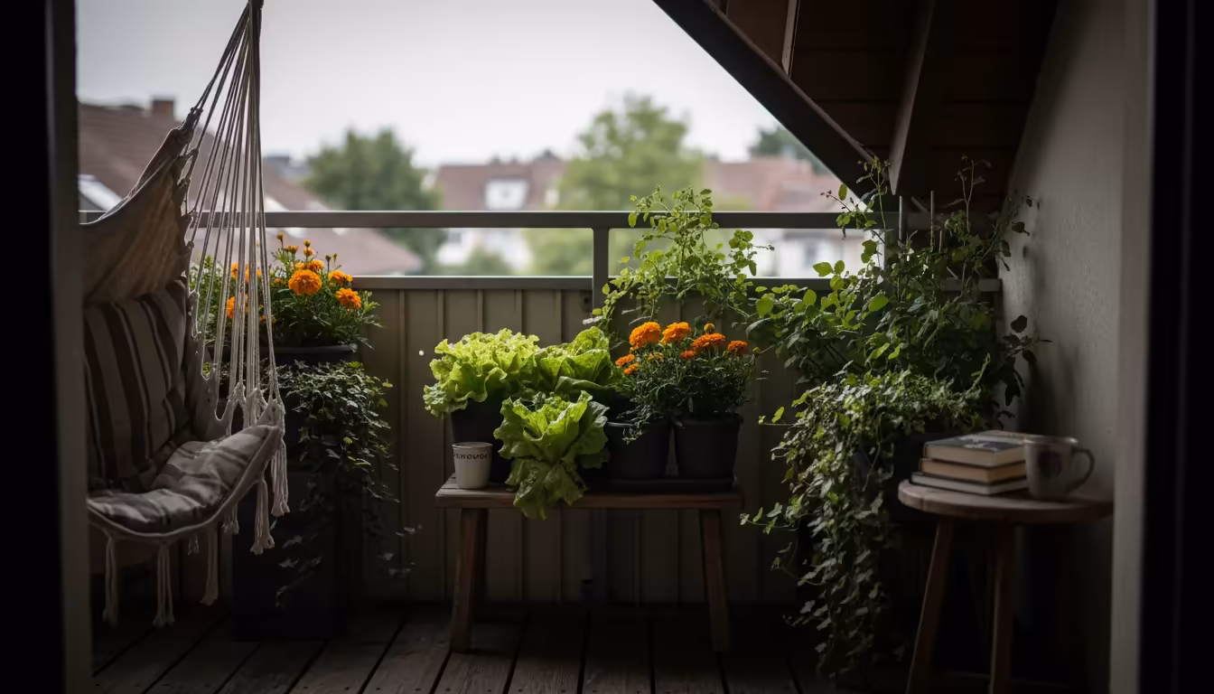 A cluster of various container plants, including herbs and flowers, grouped tightly in a shaded balcony corner for passive watering.