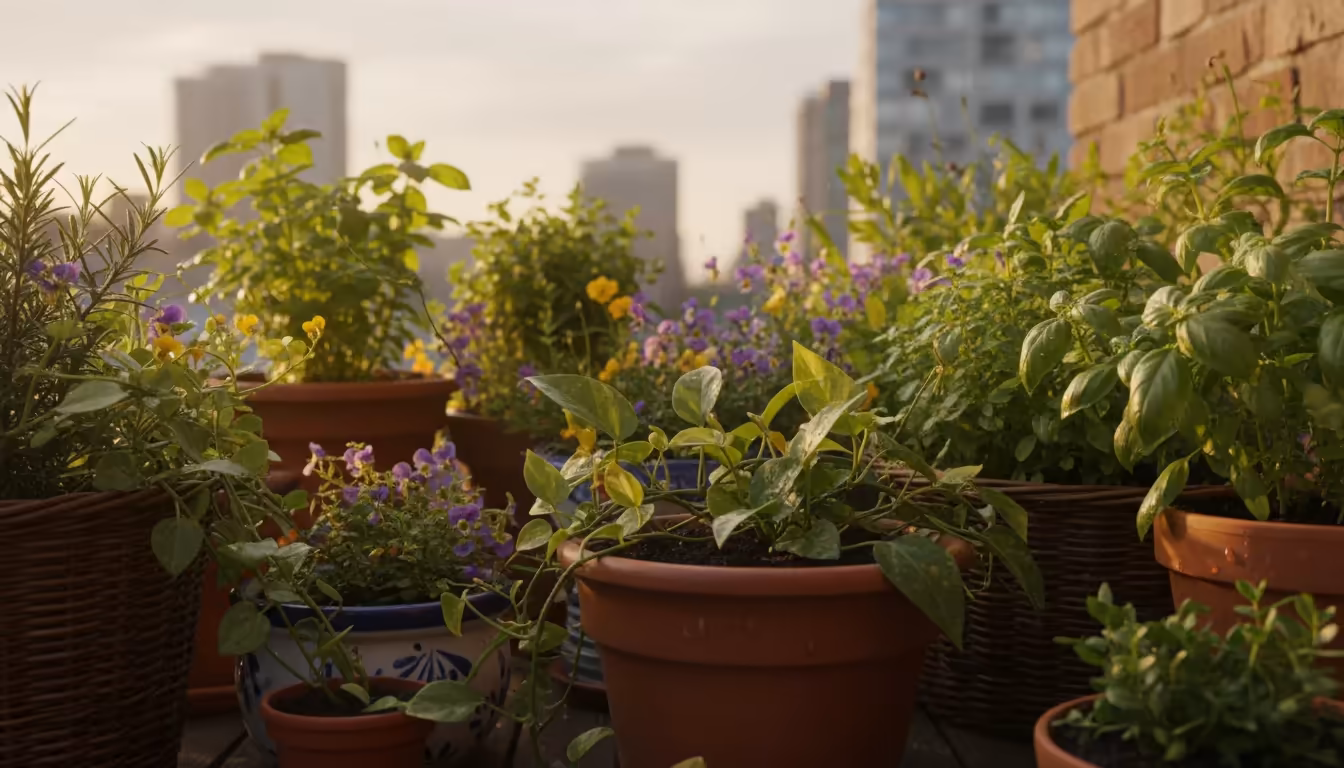 A tight cluster of various potted plants on a balcony, showing a dense 'plant huddle' for humidity, with glistening leaves.