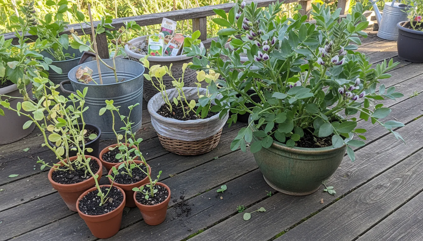 A cluster of visibly small, pale fava bean plants struggling in cramped terracotta pots on a wooden deck, contrasted by a single healthier plant. An a