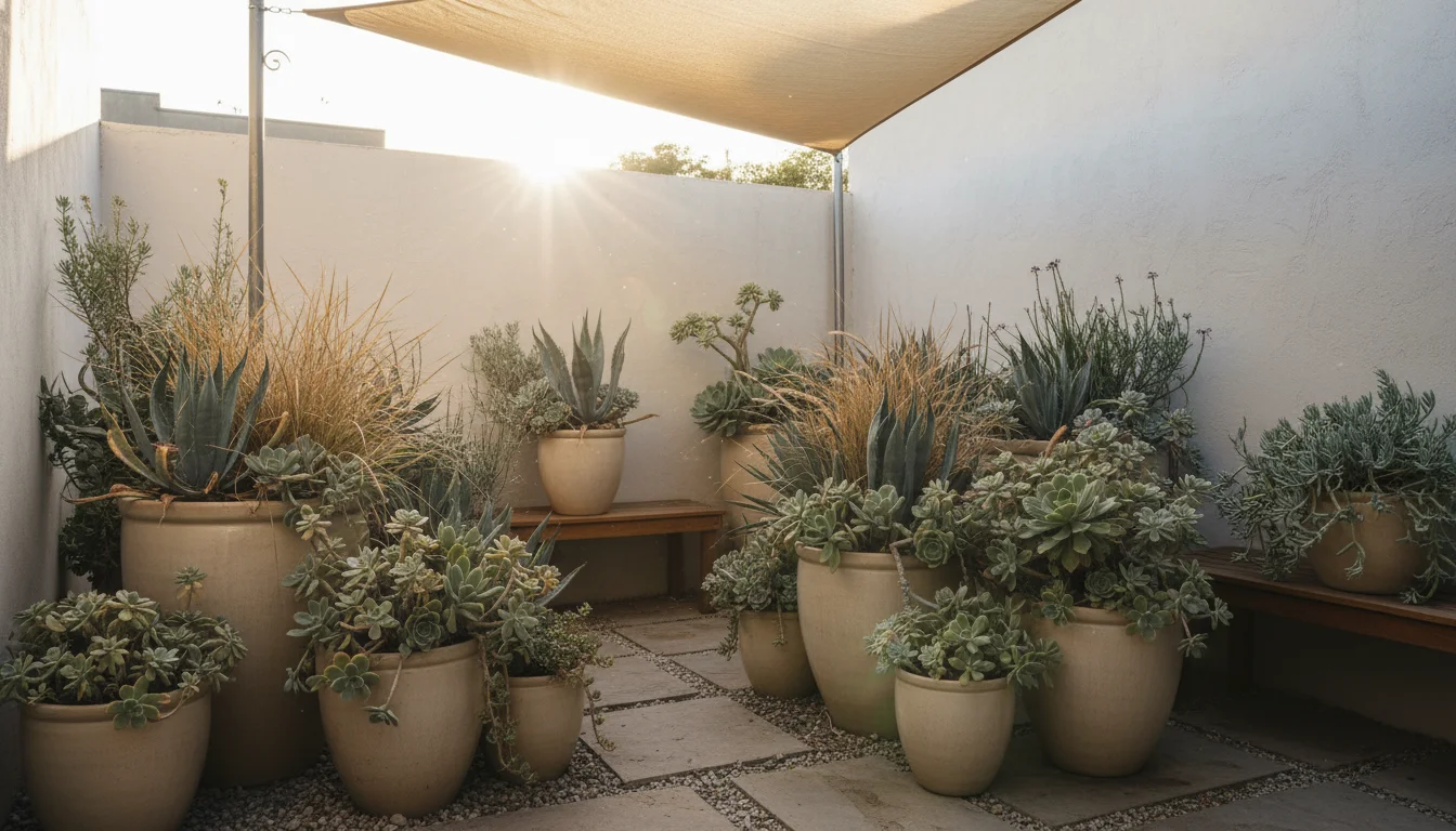 Clustered light-colored pots with succulents and grasses shaded by a beige sail on a patio, managing extreme heat effectively.