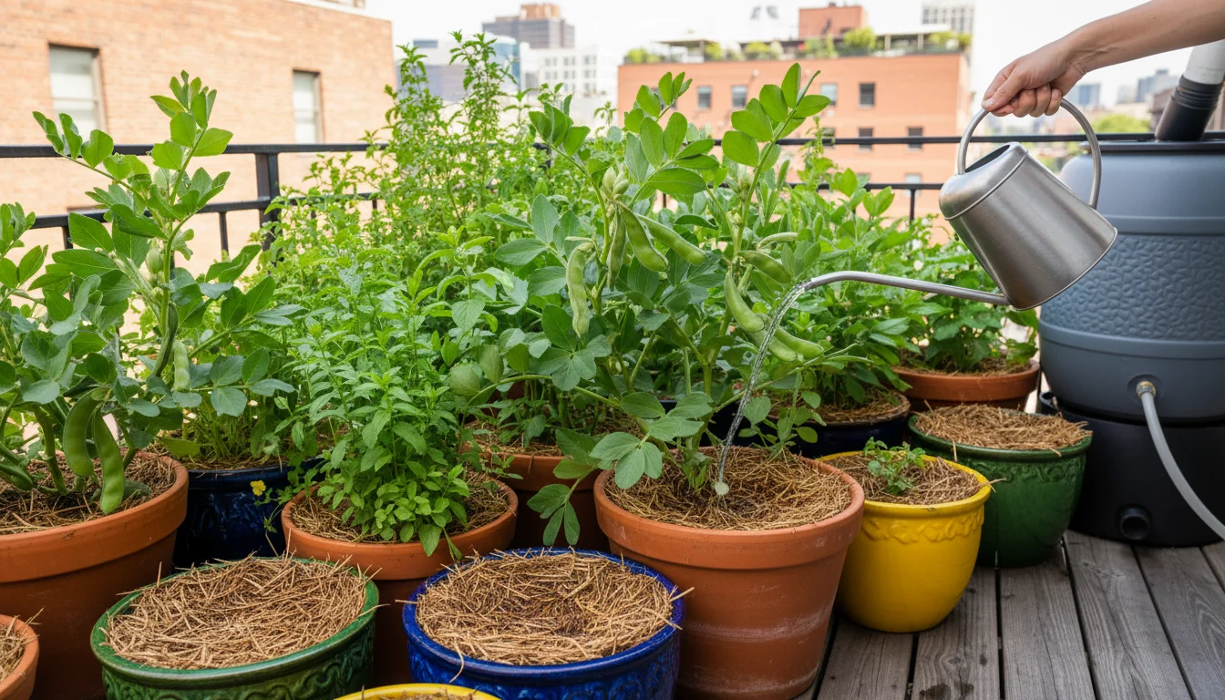 A slightly elevated view of a clustered urban balcony garden with various mulched pots. A hand waters one pot. A rain barrel is in the background.