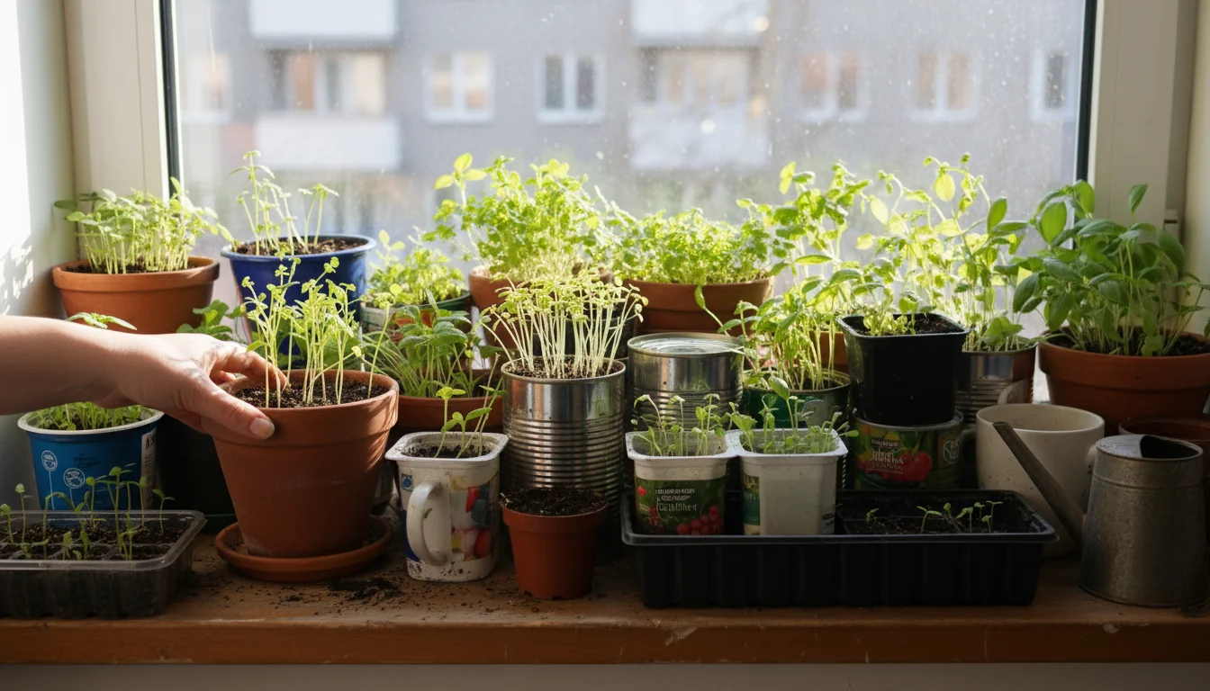 A cluttered apartment windowsill filled with various small pots of green seedlings, a hand gently adjusting one for space.