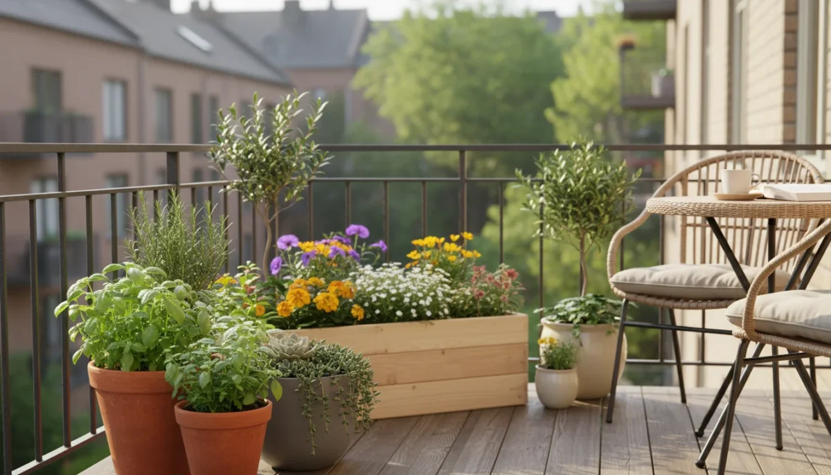 A cohesive arrangement of terracotta, grey ceramic, and wooden container plants with green foliage and white flowers, on a sunlit small urban balcony.