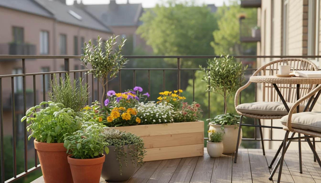 A cohesive arrangement of terracotta, grey ceramic, and wooden container plants with green foliage and white flowers, on a sunlit small urban balcony.