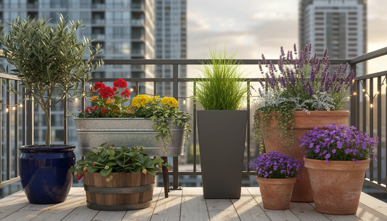 Cohesive display of grey concrete, black glazed, and natural terracotta pots on a small urban balcony, featuring diverse plants.