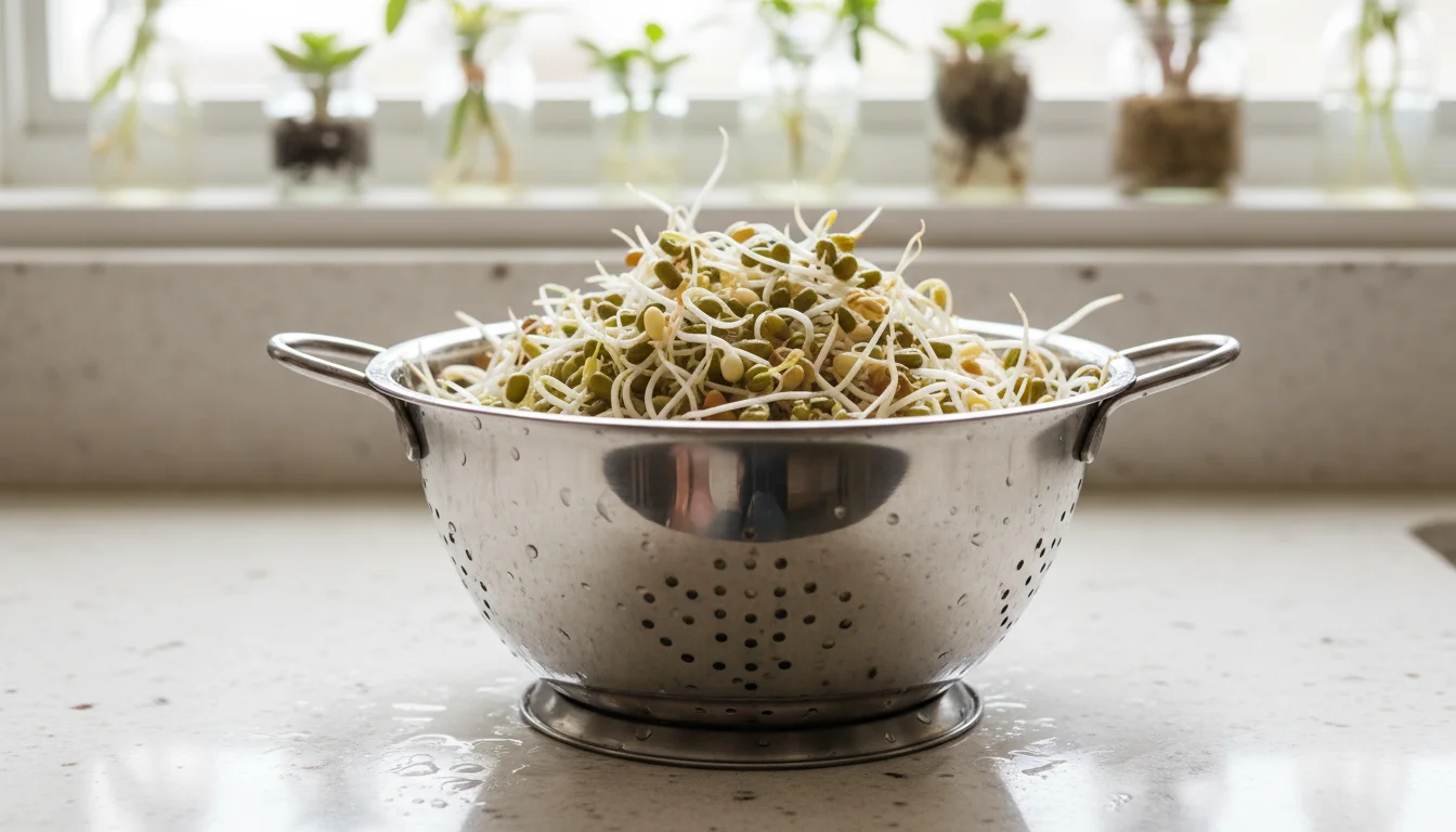 A colander full of freshly rinsed mung bean and lentil sprouts sits on a light kitchen counter, with blurred sprouting jars on a windowsill behind.